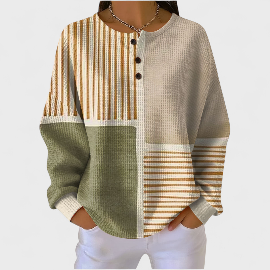 Lotte | Beiger Pullover mit Streifen und Patchwork