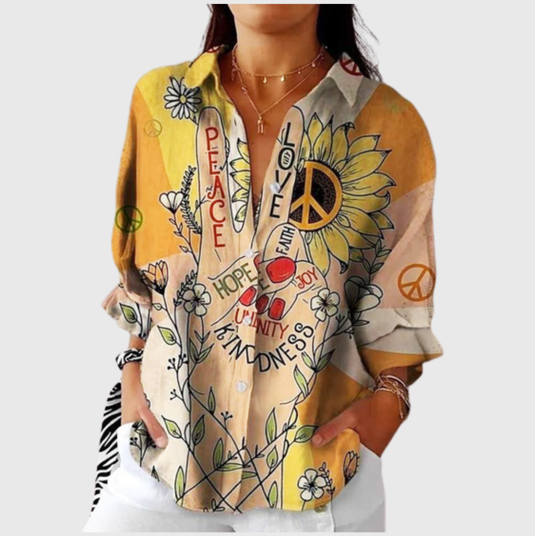 Waltraud | Bluse in Senfgelb mit Blüten und Vögeln