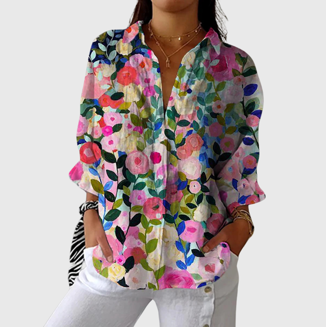 Hannelore | Bluse mit Aquarell-Blüten in Rosa und Flieder