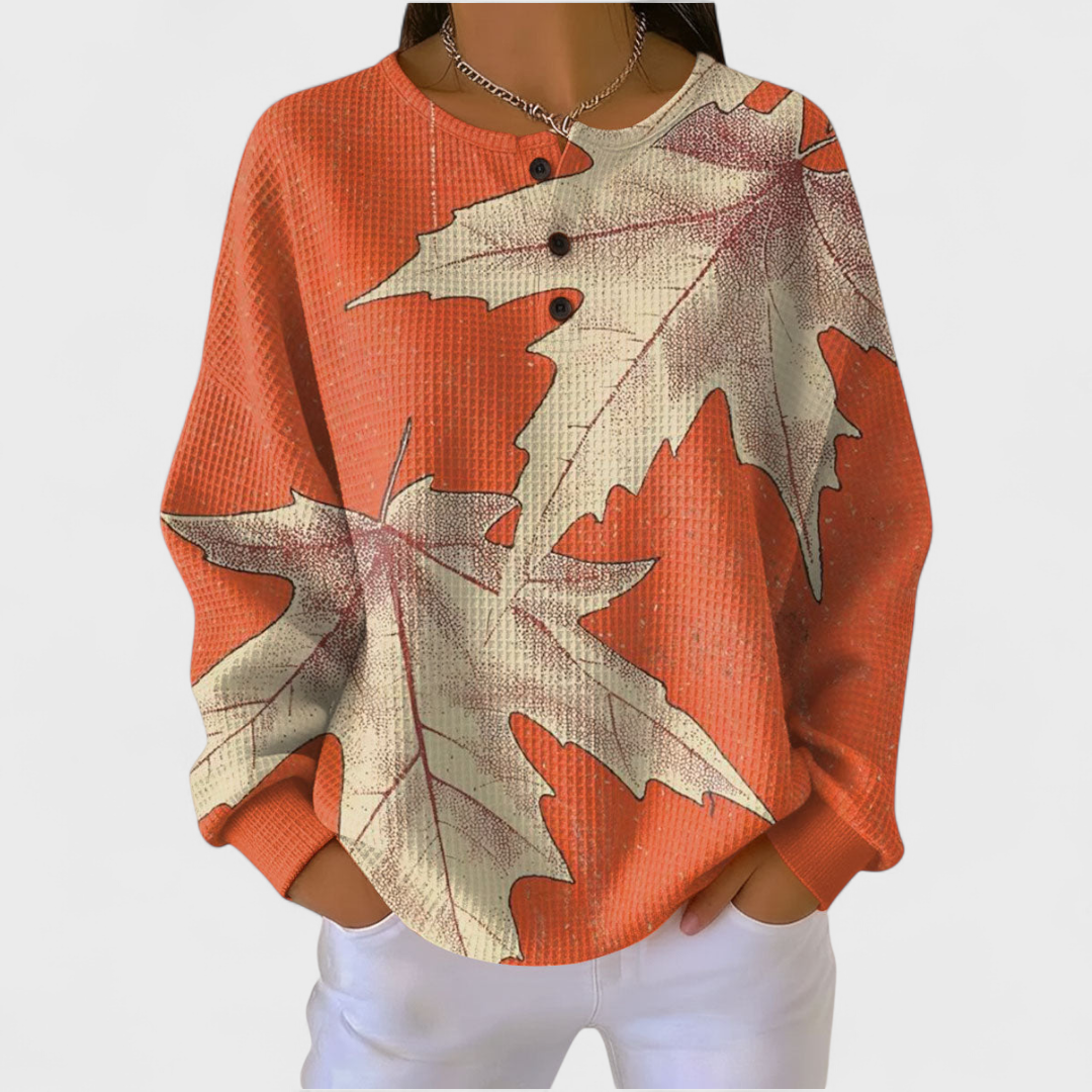 Marlene | Oranger Pullover mit Herbstblatt-Motiv