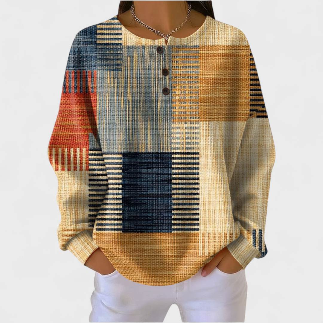 Thea | Pullover mit Patchworkmuster in Blau und Ocker